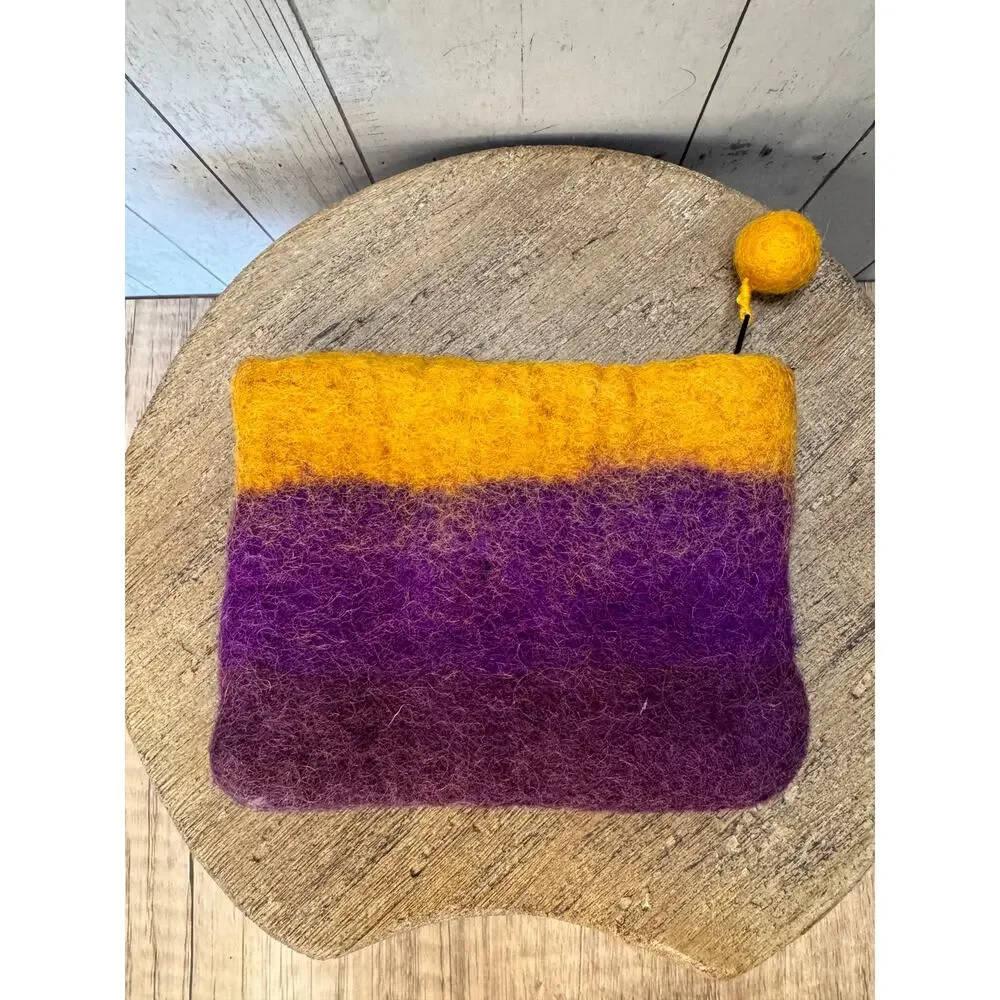 Set of 2 Felted Wool Colorful Pouches Striped Coin Purses Small Accessory Bag